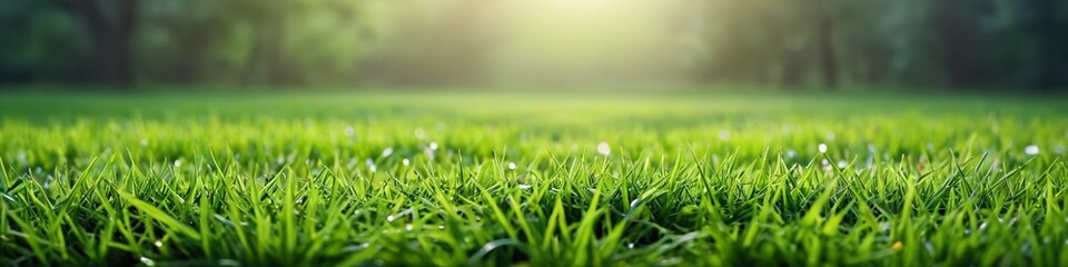 Green lawn with fresh grass against the backdrop of a foggy forest. Nature spring grass background texture