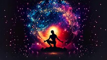 Silhouette Of A Man Meditating On The Lotus Pose In Front Of Galaxy Universe. Human Chakra Meditation Comprehends The Inner Light Energy. Spiritual Healing Energy. Abstract Silhouette