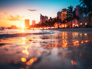 Sticker - A tropical sunset beach blends with colorful bokeh city lights in abstract retro style.