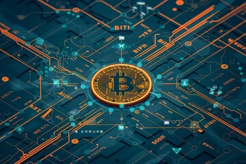 Digital Representation of Bitcoin Cryptocurrency on Circuit Board Background Concept of Digital Currency, Blockchain Technology, and Crypto Investment