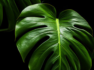 Wall Mural - Detailed shot highlights the backlit leaf of Monstera Deliciosa plant.