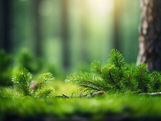Wall Mural - Blurred pine forest backdrop offers a green, defocused design.