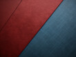Cherry red and denim blue tones intersect on a cardboard background, divided diagonally.