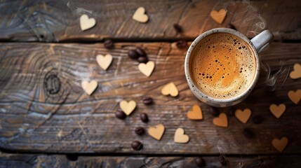 Wall Mural - Steam rising from a freshly poured cup of coffee, set against the backdrop of a weathered wooden surface sprinkled with heart motifs, top view, real photo