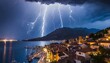 Electrifying lightning storm illuminating a serene lakeside town nestled in picturesque mountains.”