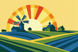 Landscape with mill, and rural buildings on farm fields with ears of wheat. Windmill in a rural summer or autumn landscape. Flat lay simple illustration