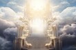 Glorious ornate pearly gates of heaven with stunning bright light shining from within, symbolizing hope, peace, and eternal beauty