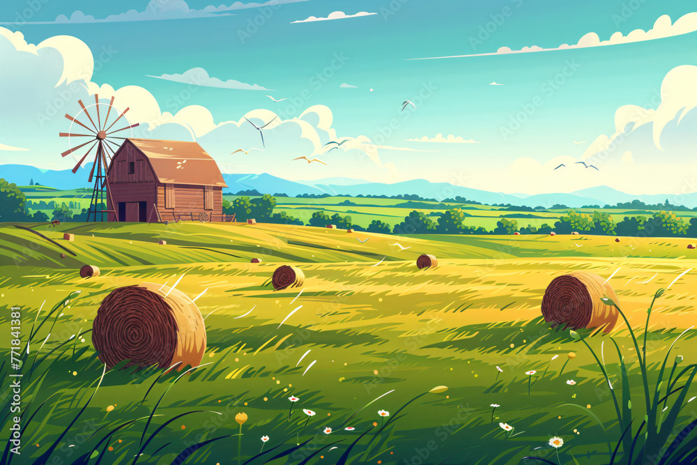 Rural autumn landscape with a farm on field. Beautiful nature with ...