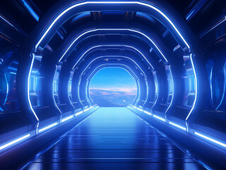 Wall Mural - Illustration of a futuristic sci-fi space tunnel corridor with glass windows, perfect as wallpaper.