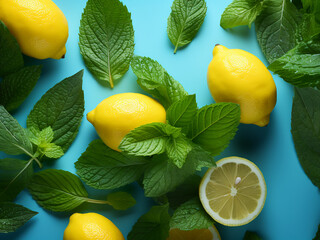 Wall Mural - Fresh peppermint leaves and lemon slices on colorful background.