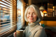 A woman with gray hair is sitting in a booth with a cup of coffee
