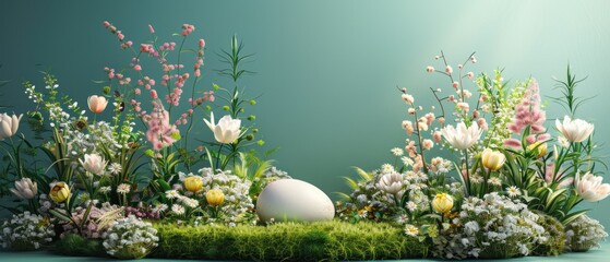 Easter podium background 3d product egg spring happy flower display scene sale gold. Background rabbit podium banner cosmetic greeting easter stage card poster platform grass nature mockup green day