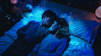 Poster - a woman and a man are sleeping in a bed with a blue background. the room is illuminated with blue li