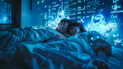 Poster - a woman and a man are sleeping in a bed with a blue background. the room is illuminated with blue li