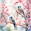 Asian flower watercolor background with birds