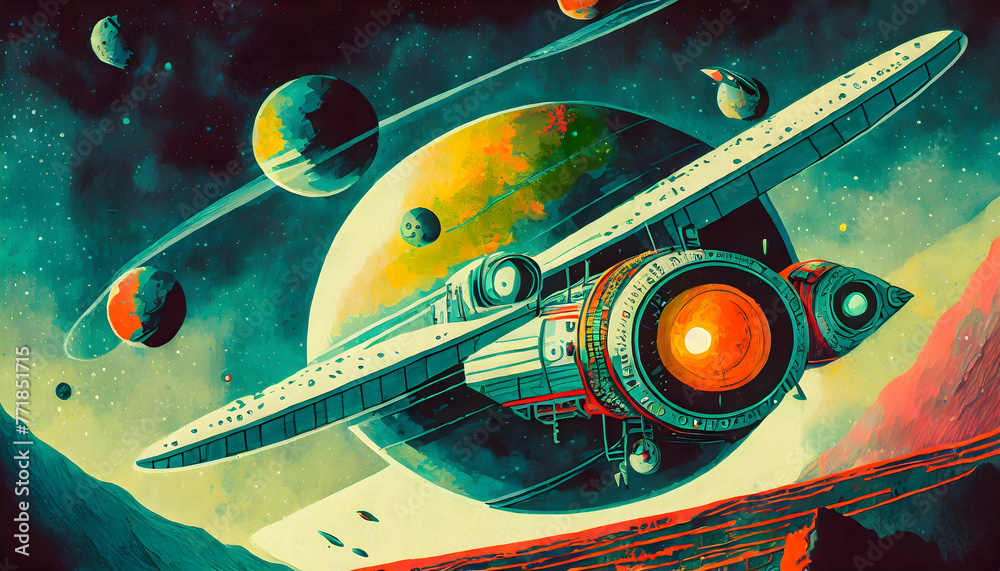Produce an AI-generated artwork showing the future of space travel with ...