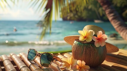 A beach scene with a coconut cocktail adorned with plumeria, straw hat, and sunglasses placed on a bamboo table, captured with vibrant hues and natural lighting, 