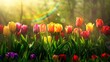 A rainbow of tulips stretching across a lush green meadow under the golden rays of the sun.