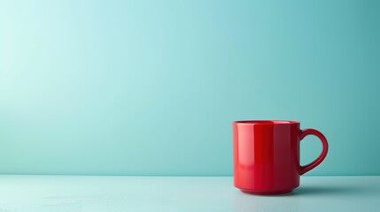 Wall Mural - A sleek red coffee mug set atop a calming pastel blue surface, minimalist design, empty copy space, stock photography