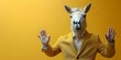 A man in a horse mask making funny gestures and dancing in a yellow suit against a yellow background. Concept Funny Gestures, Horse Mask, Yellow Suit, Dancing, Yellow Background