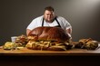 Overweight man in a modern kitchen, looking at an unhealthy oversized sandwich on a wooden table with a disgusted expression, contemplating the consequences of indulging in such a calorie-laden meal.