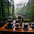 Coffee making equipments while stopping for a break in a nature hiking spot with a forest view. near a waterfall or a lake, during a cold rainy day