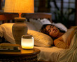Asian woman sleeping on the bed with a lamp in the bedroom.