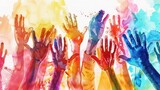 Fototapeta  - Watercolor style, hands multiethnic people vote, Charity donation, volunteer work, support and assistance, community, Teamwork businesspeople diversity of maintaining peace on the planet concept