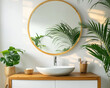 Bathroom interior with round mirror and tropical leaves.