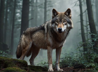  A gray wolf in the forest. A predatory forest beast.