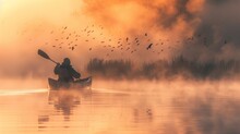 A Canoe Navigating Through A Foggy Wetland At Dawn, Capturing Shots Of Birds In Flight, The Mist Creating A Dreamlike Quality That Emphasizes The Tranquility And Beauty Of Wetland Ecosystems.