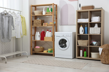 Poster - Laundry room interior with washing machine and furniture