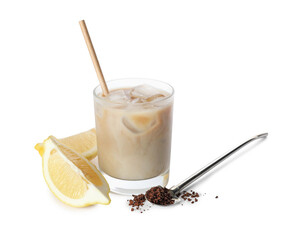 Wall Mural - Iced coffee with milk in glass, cut lemon and instant coffee on white background