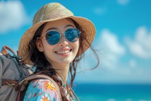 Happy Young Female Tourists Wear Beach Hats And Sunglasses On Holiday Trips.