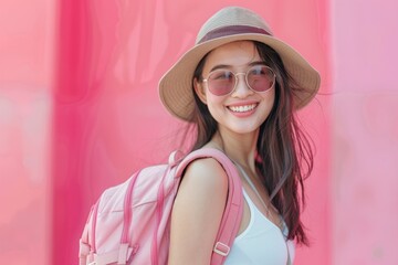 Happy young Asian female tourists wear beach hats, sunglasses and backpacks on holiday trips.