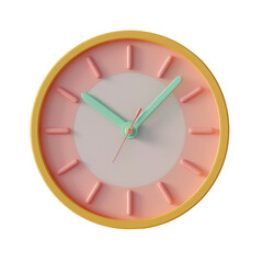 a pink and yellow clock with green hands on a transparent background