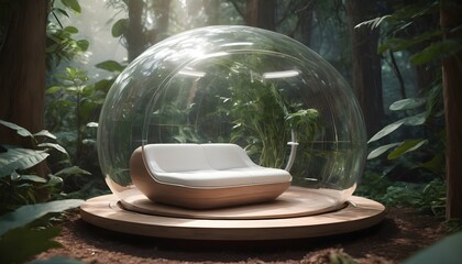 futuristic sci-fi relax pod, Flat Design, Product-View, editorial photography, transparent orb, product photography, natural lighting, plants, natural daytime lighting, zbrush, 8k, natural wooden envi