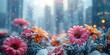 Snowcovered cityscape with colorful flowers peeking through creating a striking contrast of purity and vibrancy. Concept Winter Wonderland, Cityscape, Flowers, Contrast, Vibrant