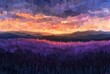 A sunset is seen in lavender fields, showcasing vivid and saturated colors.