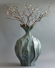 Wall Mural - A tall ceramic vase with a ruffled edge, covered in an aquamarine glaze and holding willow branches, illustration made with generative AI