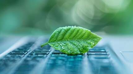 Digital meets nature with a green leaf keyboard key showcased on a tranquil blue background, blending environmental consciousness with technology,