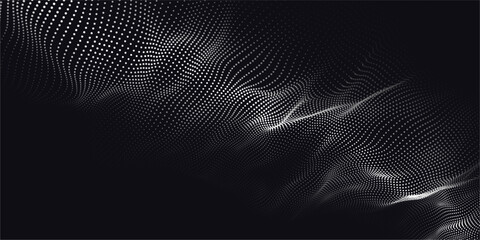 Wall Mural - flowing particles dots, wave pattern curve halftone shape isolated on dark background. vector backgr