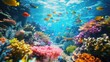 Underwater scene with coral reefs and vibrant fishes, Vibrant fish swimming among colorful coral reefs in an underwater scene.