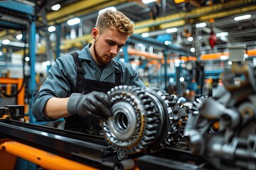 Poster - Mechanic assembling intricate parts in a manufacturing plant, Skillful mechanic assembling intricate parts at a manufacturing plant.