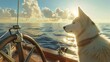 Dog steering a junket, calm sea background, firstperson view, bright daylight , hyper realistic
