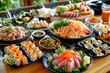 Asian food sushi, noodles, and diverse culinary delights, A delectable assortment of Asian cuisine, highlighting sushi, noodles, and a variety of culinary treasures.