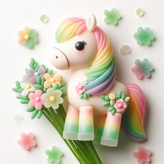 Cute Horse with flowers made of pastel color gummy candy on a white background