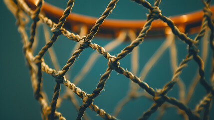 Wall Mural - Close-up of a basketball net against a solid background, capturing the details of woven threads