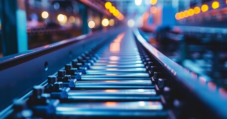 Poster - Automated conveyor belt installation, close-up, artificial light, wide lens, streamline production. 