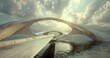 Artistic rendering of a bridge design, close-up, evening light, wide angle, crossing the future. 
